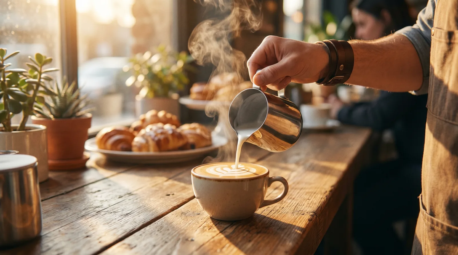 A barista pouring milk into a fresh coffee